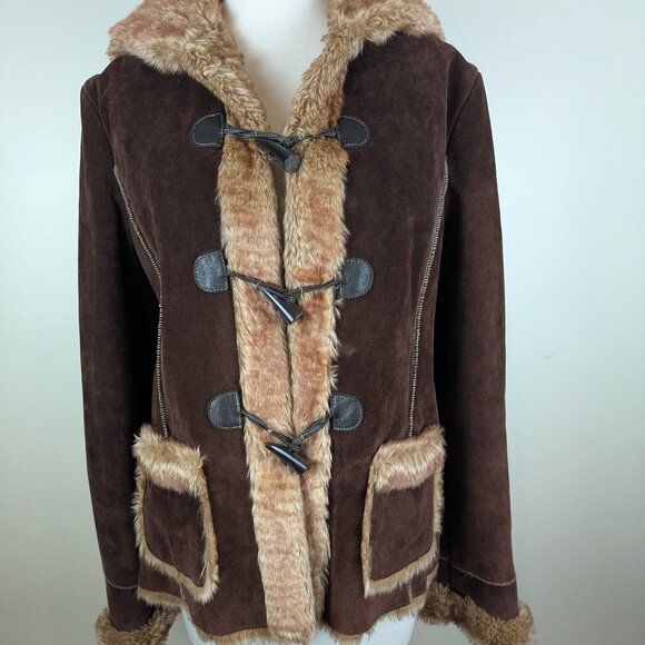 Guess Jackets & Blazers - Vintage Y2K Penny Lane Suede Guess Hoodie Hooded Coat w/ Faux Fur Lining L